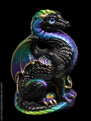 Bantam Dragon fantasy figurine in Black Violet Peacock with emerald green, jade green, blue, and violet accents, blue glass eyes, and light blue-colored jewels. Hand-painted collectible sculpture by Windstone Editions.