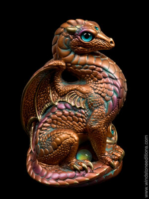 Bantam Dragon fantasy figurine in Copper Patina with teal glass eyes, teal-colored jewels, gold trim, and a dichroic crystal globe. Hand-painted collectible by Windstone Editions.