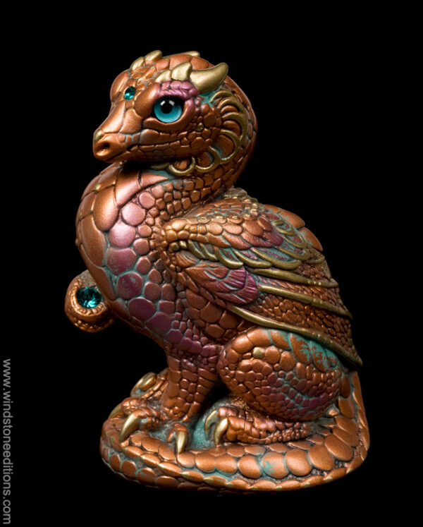 Mini Keeper Dragon fantasy figurine in Copper Patina with teal glass eyes, teal-colored jewels, and gold trim. Hand-painted collectible by Windstone Editions.