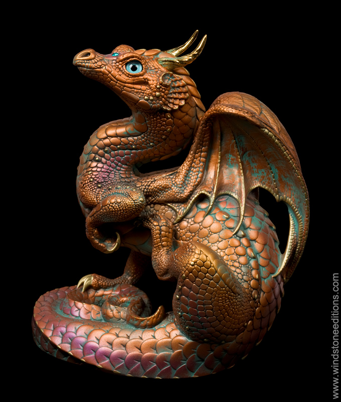 Scratching Dragon fantasy figurine in tarnished copper color. Hand-painted collectible sculpture by Windstone Editions