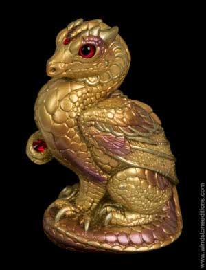 Mini Keeper Dragon fantasy figurine in gold and copper with dark red glass eyes and red-colored jewels. Hand-painted collectible sculpture by Windstone Editions.