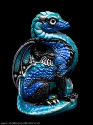 Bantam Dragon fantasy figurine in Blue Morpho with metallic blue shades, black trim, teal glass eyes, and clear crystal jewels. Hand-painted collectible by Windstone Editions.