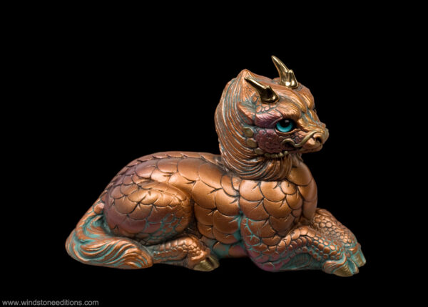 Young Qi-Lin fantasy figurine painted to look like weathered copper. Hand-painted collectible sculpture by Windstone Editions