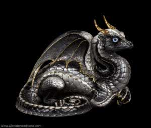 Lap Dragon fantasy figurine in Silver with intense black contrast, gold detailing, light blue glass eyes, and gold-plated pewter horns. Hand-painted collectible by Windstone Editions.