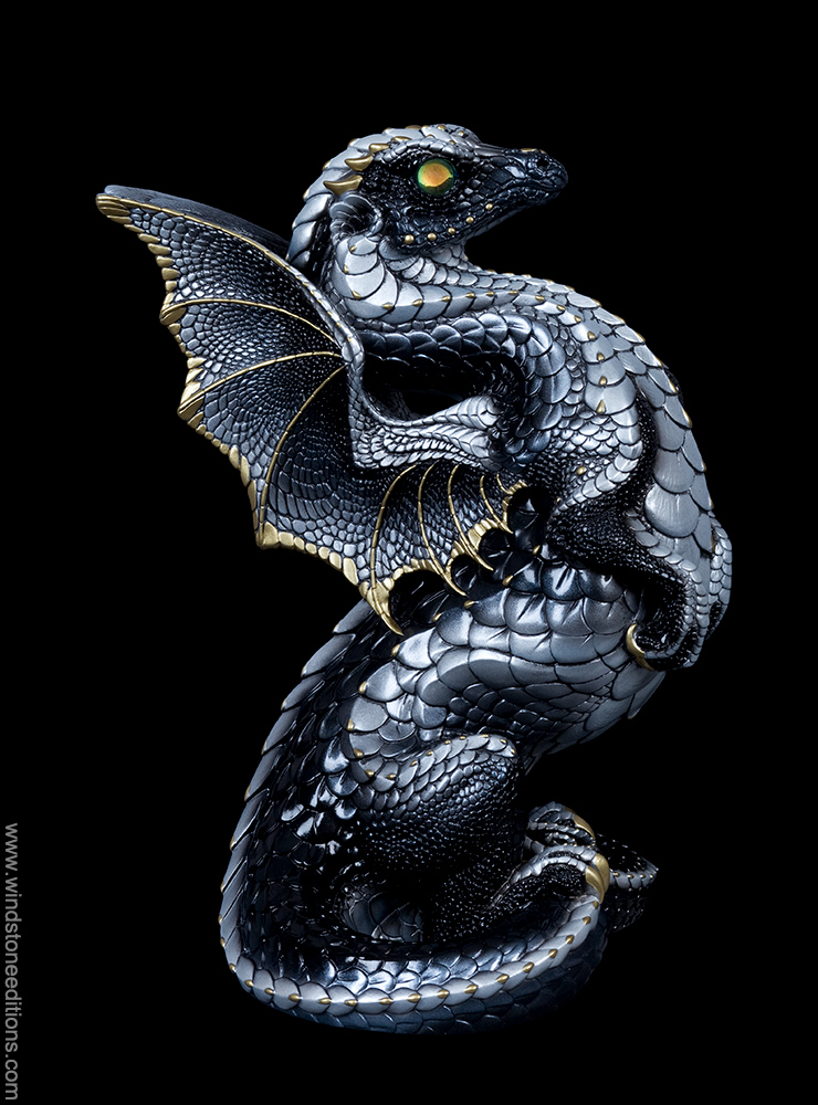 Rising Spectral Dragon fantasy figurine in sliver and black. Hand-painted collectible sculpture by Windstone Editions