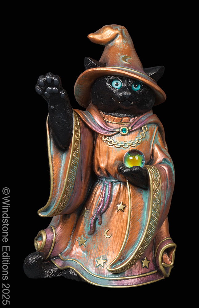 Cat Wizard fantasy figurine. Hand-painted collectable sculpture by Windstone Editions painted to look like tarnished Copper.
