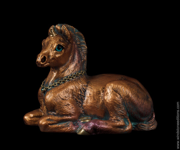 Baby Unicorn fantasy figurine in Copper Patina with teal eyes and a gold-plated pewter horn. Hand-painted collectible sculpture by Windstone Editions.