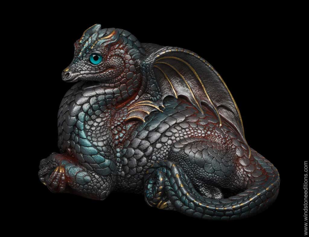 Female Hearth Dragon fantasy figurine in Ancient Steel with teal glass eyes, gold-colored details, and a dichroic crystal globe. Hand-painted collectible by Windstone Editions.