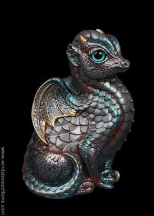 Fledgling Dragon fantasy figurine in Ancient Steel with polished silver, blue scales, rust-colored antiquing, metallic teal eyes, and aquamarine jewels. Hand-painted collectible by Windstone Editions.