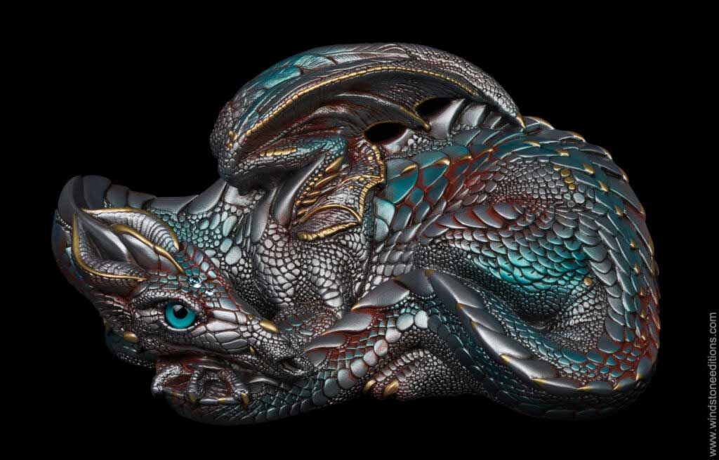 Mother Dragon fantasy figurine in Ancient Steel with polished silver and blue scales, teal glass eyes, and aquamarine-colored jewels. Hand-painted collectible by Windstone Editions.