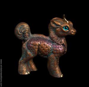 Standing Baby Ki-Rin fantasy figurine in copper patina color with gold plated horn. Hand-painted collectible sculpture by Windstone Editions.