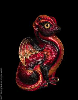 Fledgling Dragon fantasy figurine in Brimstone with fiery red, gold, and black markings, metallic tan eyes, and golden jewels. Hand-painted collectible by Windstone Editions.