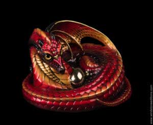 Mother Coiled Dragon fantasy figurine in Brimstone with fiery red, gold, and black markings, metallic tan eyes, golden jewel, and gold egg. Hand-painted collectible by Windstone Editions.