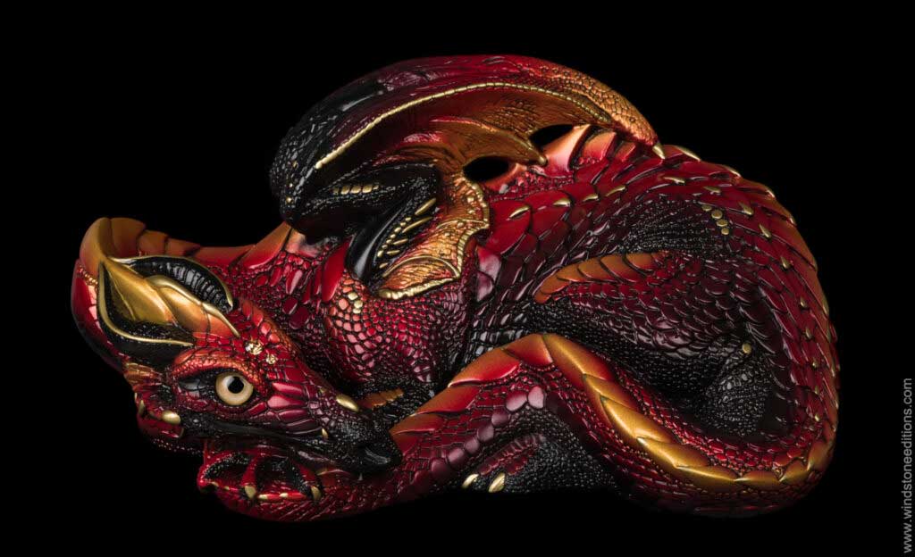 Mother Dragon fantasy figurine in Brimstone with black body, red and gold markings, and metallic tan eyes. Hand-painted collectible sculpture by Windstone Editions.