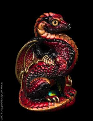 Bantam Dragon fantasy figurine in Brimstone with red, gold markings, metallic tan eyes, golden jewels, and a dichroic crystal globe. Hand-painted collectible by Windstone Editions.