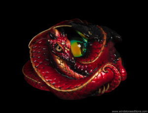 Coiled Dragon fantasy figurine in Brimstone with fiery red, gold, and black markings, metallic tan eyes, golden jewel, and a dichroic crystal ball. Hand-painted collectible by Windstone Editions