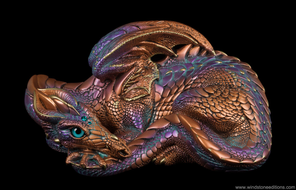 Mother Dragon fantasy figurine in Copper Patina with intense patina, teal glass eyes, teal-colored jewels, and gold trim. Hand-painted collectible by Windstone Editions.