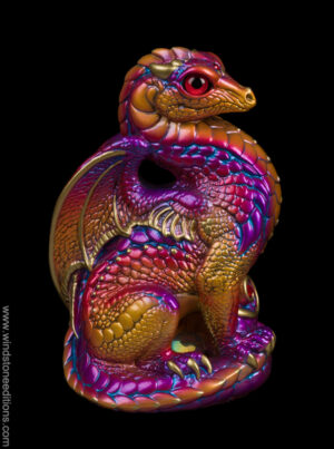 Bantam Dragon fantasy figurine with metallic gold, red, and violet scales, red glass eyes, and red-colored jewels. Hand-painted collectible sculpture by Windstone Editions.