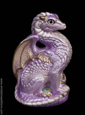 Bantam Dragon fantasy figurine in Lavender Pearl with gold detailing, metallic lavender glass eyes, amethyst-colored jewels, and a dichroic crystal globe. Hand-painted collectible by Windstone Editions.