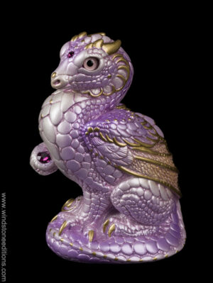 Mini Keeper Dragon in Lavender Pearl with metallic lavender glass eyes, amethyst-colored jewels, and gold detailing. Hand-painted collectible by Windstone Editions