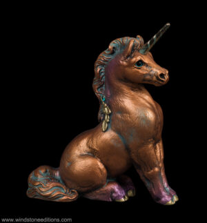 Ponycorn fantasy figurine with copper patina finish, gold-plated horn, teal eyes, and teal-colored jewel. Hand-painted collectible sculpture by Windstone Editions.