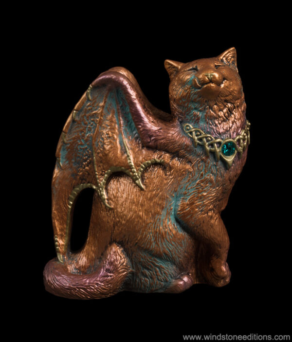 Copper Patina Bat-Winged Flap Cat fantasy figurine with weathered bronze finish and blue zircon-colored jewel. Hand-painted collectible sculpture by Windstone Editions.