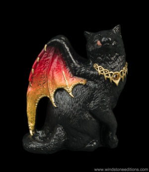 Small Bat-Winged Flap Cat figurine with black coat, red and orange wings, and topaz-colored jewel by Windstone Editions. Hand-painted fantasy collectible for indoor display.