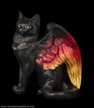 Large Bird-Winged Flap Cat fantasy figurine with black coat, red and orange wings, and topaz-colored jewel. Hand-painted collectible sculpture by Windstone Editions.