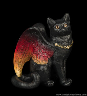 Large Bird-Winged Flip Flap Cat fantasy figurine in Brimstone with jet-black coat, red and orange wings, golden eyes, and topaz-colored jewels. Hand-painted collectible by Windstone Editions.