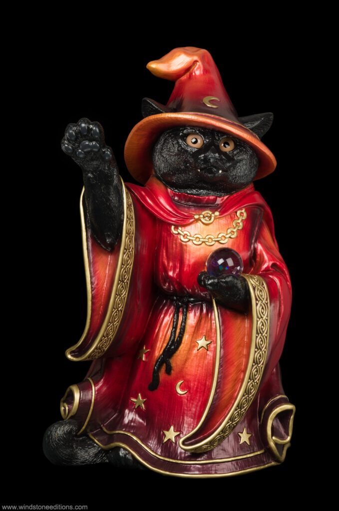 Cat Wizard figurine in metallic red and orange robes with topaz-colored jewel and crystal globe by Windstone Editions. Hand-painted fantasy collectible for indoor display.