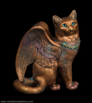 Large Bird Winged Flip Flap Cat figurine in copper patina with teal glass eyes and jewels by Windstone Editions. Hand-painted fantasy collectible.