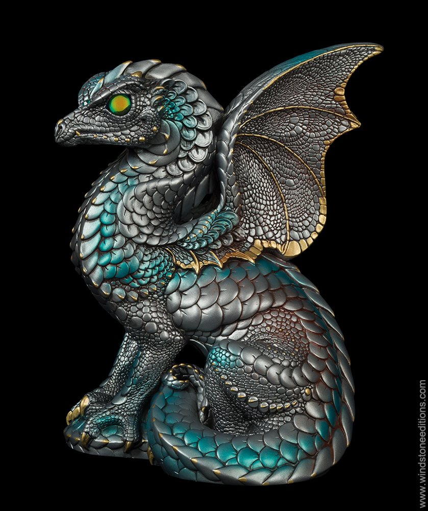 Spectral Dragon fantasy figurine in ancient steel color, silver, blue, rust, and crystal ball eyes. Hand-painted collectible sculpture by Windstone Editions