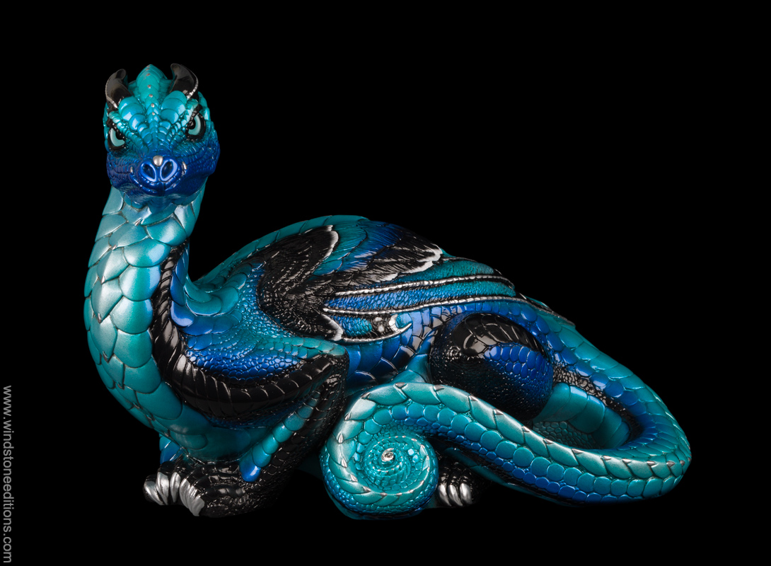 Toaster Dragon fantasy figurine. Blue and black with blue morpho butterfly markings. Hand-painted collectible sculpture by Windstone Editions