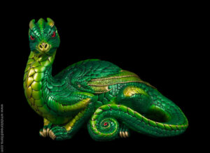 Toaster Dragon fantasy figurine in emerald green with red glass eyes. Hand-painted collectible sculpture by Windstone Editions