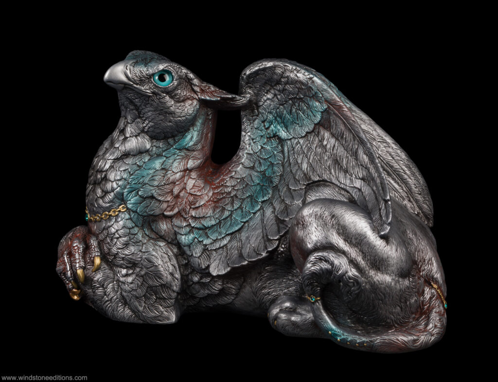 Female Griffin fantasy figurine. Mother griffin painted in blue and silver and rust. Hand-painted collectable sculpture by Windstone Editions