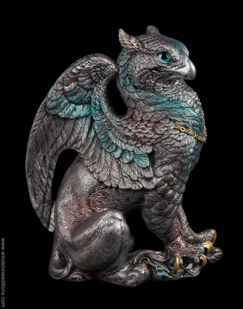 Male Griffin fantasy figurine painted in silver and blue and rust. Hand-painted collectable sculpture by Windstone Editions