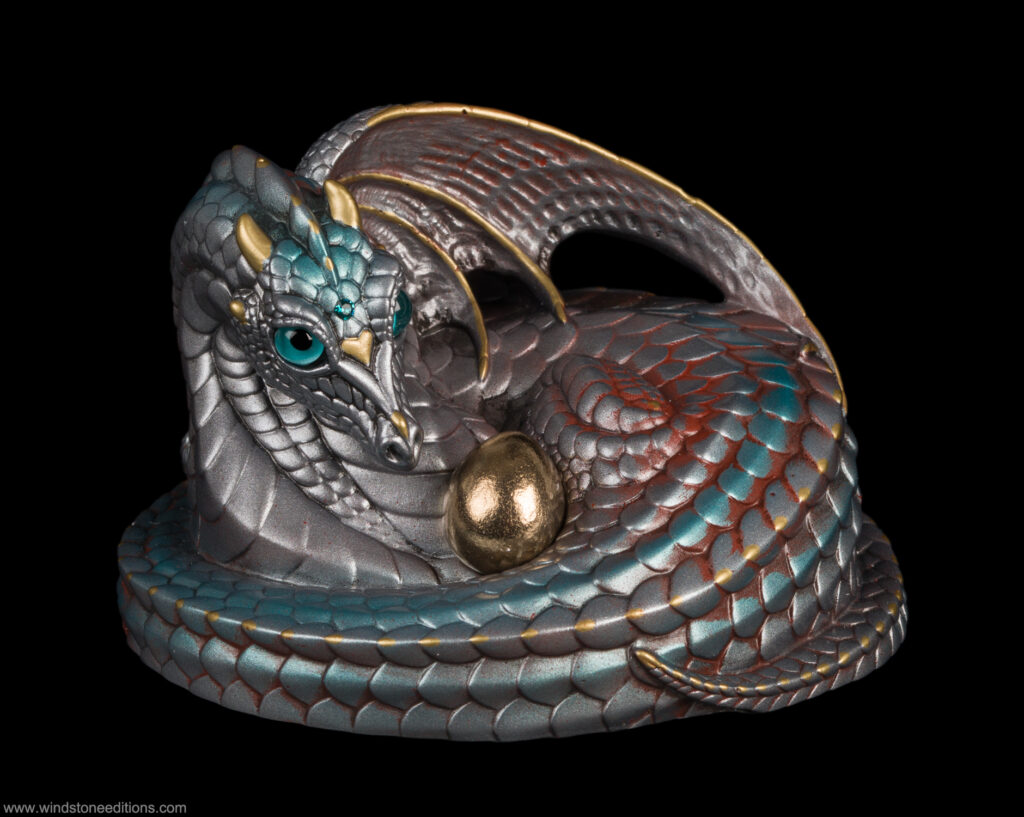 Mother Coiled Dragon fantasy figurine hand-painted to look like rusty steel. Collectable sculpture by Windstone Editions