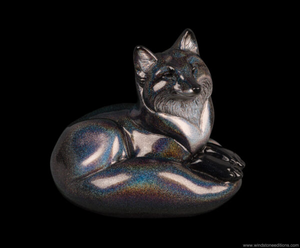 Pebble Red Fox fantasy figurine in rainbow sparkle. Hand-painted collectable sculpture by Windstone Editions