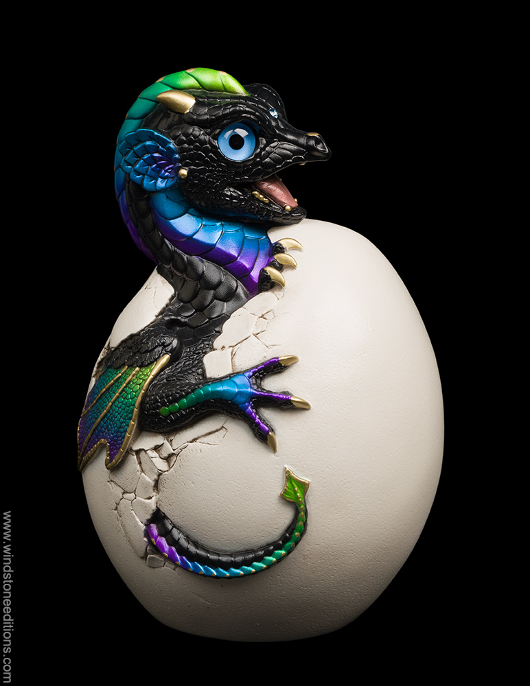 Hatching Emperor Dragon fantasy figurines. Hand-painted collectable sculpture by Windstone Editions in black violet peacock color.