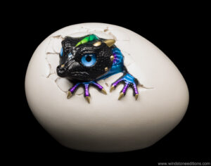 Hatching Kinglet Dragon fantasy figurine. Hand-painted collectable sculpture by Windstone Editions in black violet peacock color
