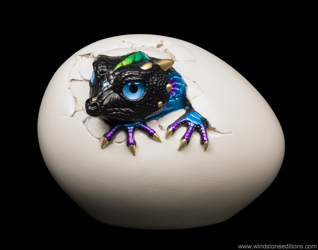Hatching Kinglet Dragon fantasy figurine. Hand-painted collectable sculpture by Windstone Editions in black violet peacock color