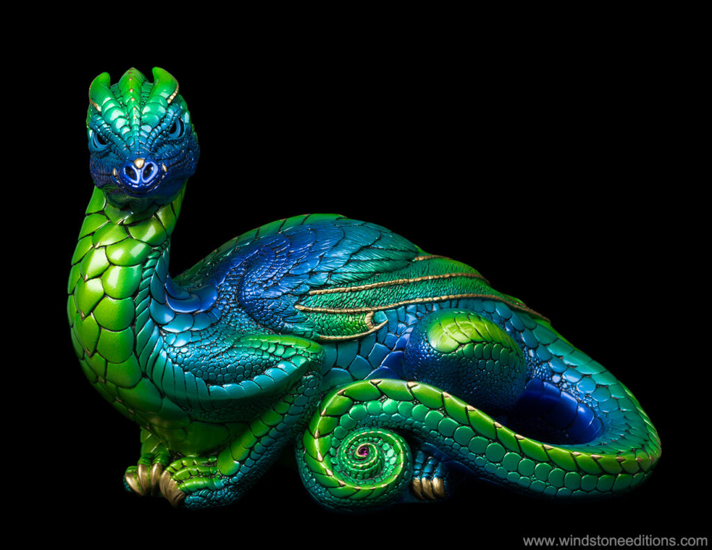 Toaster Dragon fantasy figurine. Hand-painted collectable in emerald green and peacock blue by Windstone Editions.
