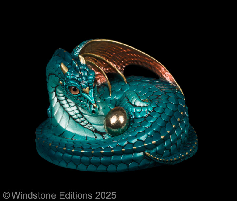 Mother Coiled Dragon fantasy figurine. Hand-painted collectable sculpture by Windstone Editions painted in teal and copper.