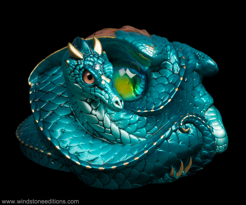 Coiled Dragon fantasy figurine. Hand-painted collectable sculpture by Windstone Editions in teal and copper Atlantis color