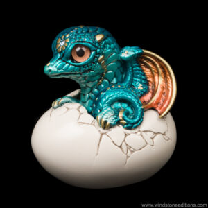 Hatching Dragon Version 2 fantasy figurine. Hand-painted collectable sculpture by Windstone Editions in teal and copper colors.