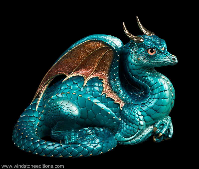 Lap Dragon fantasy figurine. Collectable sculpture by Windstone Editions hand-painted in teal and copper Atlantis color.