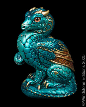 Mini-Keeper Dragon fantasy figurine. Hand-painted collectable sculpture by Windstone Editions in teal and copper.