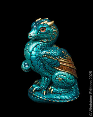 Mini-Keeper Dragon fantasy figurine. Hand-painted collectable sculpture by Windstone Editions in teal and copper.