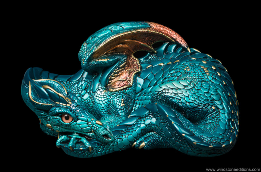 Mother Dragon fantasy figurine. Hand-painted collectable sculpture by Windstone Editions in teal and copper Atlantis color.