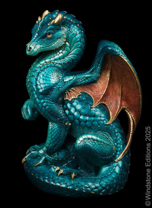 Secret Keeper Dragon fantasy figurine. Hand-painted collectable sculpture by Windstone Editions in teal and copper.
